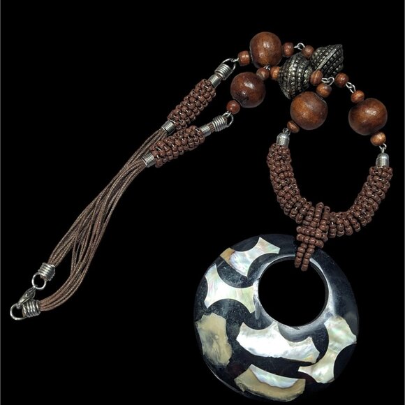 Vintage Bohemian Wood And Metal Necklace With Shell Inlay Pendant - Picture 1 of 6